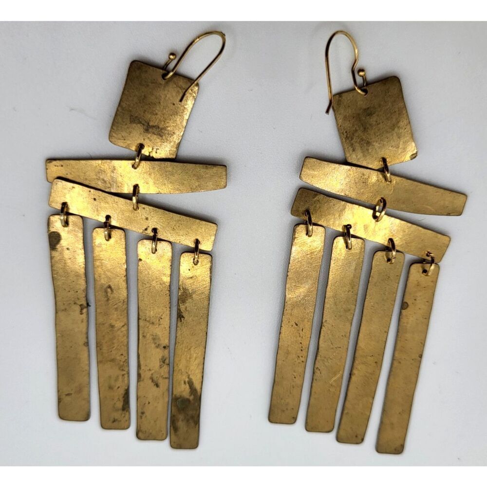 Artisan Brass Bohemian Fringe Geometric Earrings 3in - Picture 5 of 5